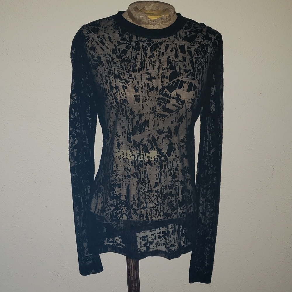 Rare!!! Elleme Paris Ladies Silk Sheer Black Lace Art To Wear Tee Sz L